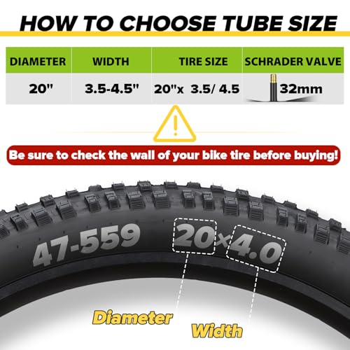 20"x3.5-4.5" Bike Inner Tube with AV 32mm Schrader Valve - 1 Pack, Compatible with Fat Tire Bikes