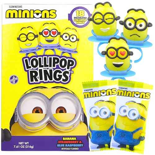 Minions Lollipop Rings, Individually Wrapped Candy for Birthday Party Favors, Assorted Flavors and Characters, 18 Suckers
