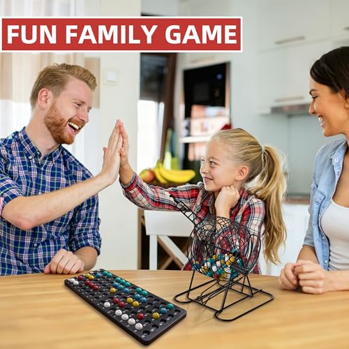 Family Bingo Game Set with Metal Cage and Chips for Kids & Adults