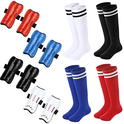Kids Soccer Shin Guards Set with Socks - 4 Pairs White Black Red Blue, Adjustable for Ages 3-6