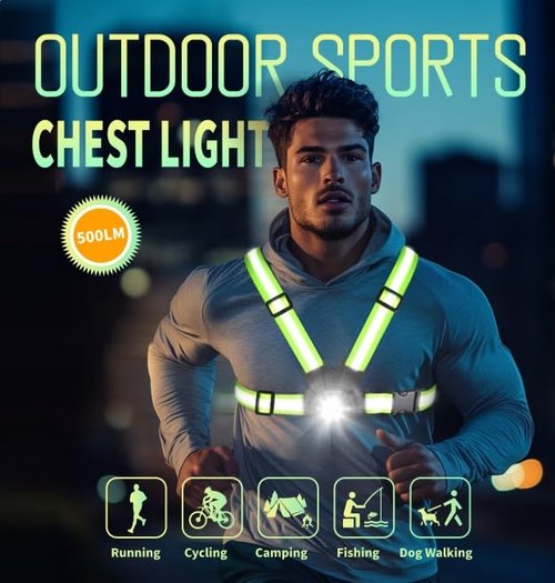 ISEYOU Running Lights for Runners, 500 Lumens 45° Adjustable Running Light with Dual-Reflective Straps, IPX4 Waterproof & USB Rechargeable Chest Light Vest for Night Walking/Cycling/Jogging
