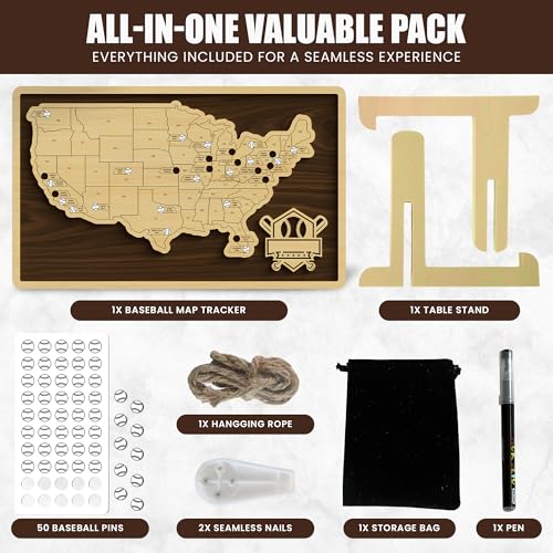Baseball Stadium Map Tracker with Pins - Wooden Wall Art & Travel Checklist
