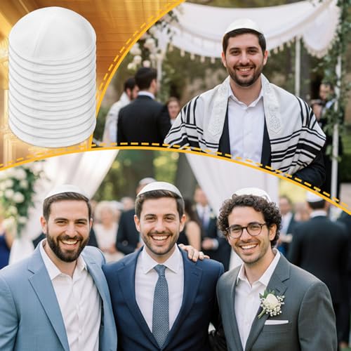 White Linen Kippah Hat - 10 Pack Yamaka for Men - Religious Headwear