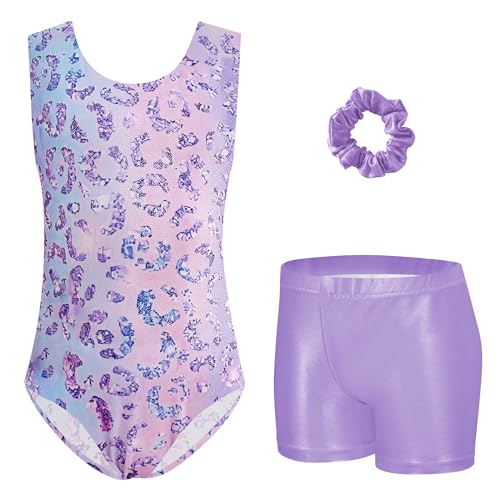 Girls Sparkly Gymnastics Leotard with Shorts - Purple Gradient Leopard, 6-7 Years