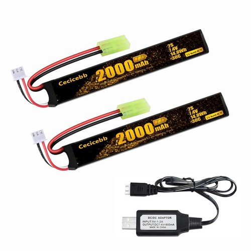 Cecicebb Airsoft Battery 7.4V 2000mAh 30C with Mini Tamiya Plug for Airsoft Model Guns Rechargeable 2S Lipo Battery 2 Pack with 7.4V USB Charger Cable