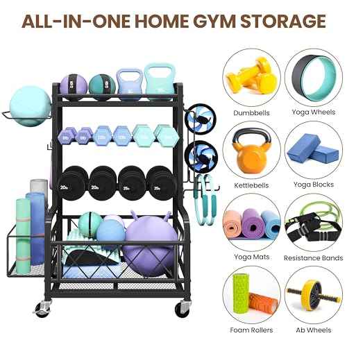 Yaheetech Dumbbell Rack Yoga Mat Storage Rack Home Gym Workout Equipment Rack Stand w/Hooks & Wheels for Dumbbells, Kettlebells, Yoga Ball, Max Load 400lb