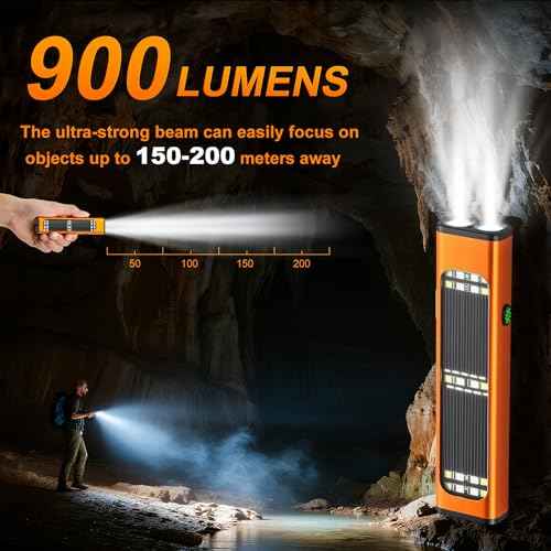 Solar/Rechargeable Flat Flashlights, 900 Lumens EDC Tactical Flashlight, Multi Function LED Small Flashlight, 7 Modes IP65 Waterproof for Home, Camping,and Emergency Use (Orange)