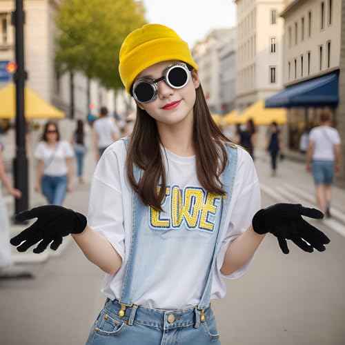 3Pcs Halloween Costume Accessories, Vintage Steampunk Goggles Yellow Beanie Hat Black Gloves Set for Halloween Cosplay Party