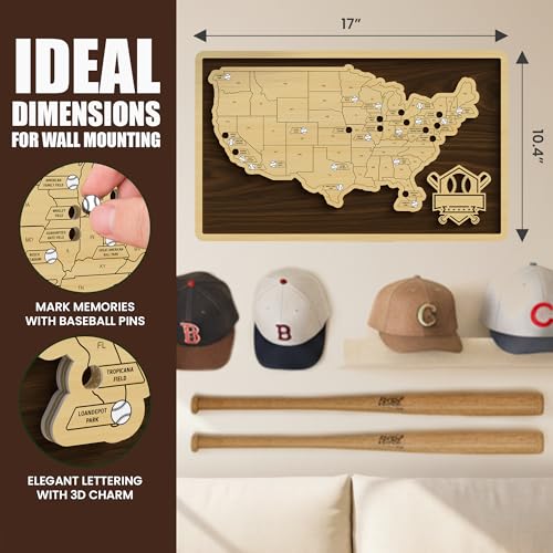 Baseball Stadium Map Tracker with Pins - Wooden Wall Art & Travel Checklist