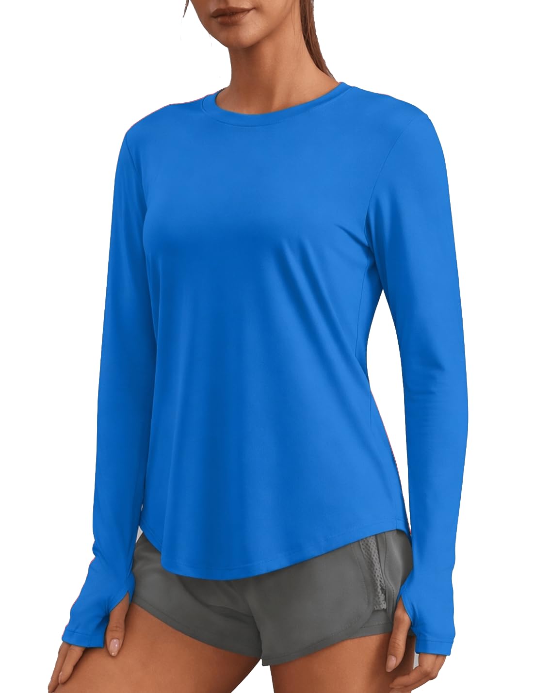 PINSPARK Rash Guard for Women Soft Crewneck Long Sleeve T Shirts with Thumb Holes Quick Dry Lightweight for Fishing Running Tennis Casual, Sparkle Blue Large