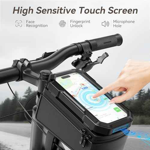 KDD Bike Front Frame Bag with Waterproof Phone Holder, Mountain Cycling Storage Pouch, Handlebar Bag with Phone Mount, Bicycle Accessories for Top Tube, Fit for iPhone 17 Pro Max, Cellphone Under 7''