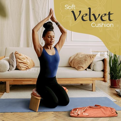 Zaveur Bamboo Meditation Bench with Cushion - Foldable Bench for Multiple Seating Angles - Kneeling Chair Meditation Stool - Yoga Chair Prayer Bench for Deeper and Longer Meditation - Orange