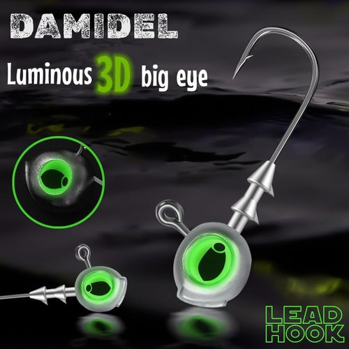DAMIDEL 50Pcs/Box Swimbait Jig Heads Fishing Hooks with 3D Eye，4 Sizes（1/4oz.3/8oz,1/5oz. 1/8oz Mixed，Automatic stabilization Head Design/Luminous,Bass Freshwater&Saltwater