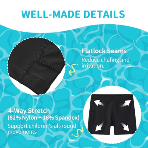 Girls Fully Lined Swim Board Shorts with Pockets UPF50+ Quick-Dry Black 14
