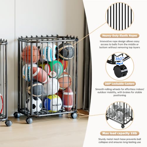 Black Garage Ball Storage Rack - Holds 20-25 Sports Balls, 22"L x 13.3"W x 45.6"H, Heavy Duty Metal Organizer