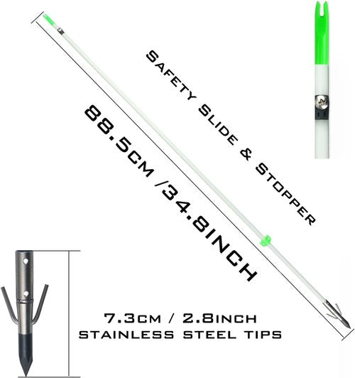 BOWSOUL 34inch Bowfishing Arrows Luminous with Broadheads and Safty Slides for Compound Bow&Recurve Bow Fishing Arrow Archery Hunting (Pack of 6) (White)