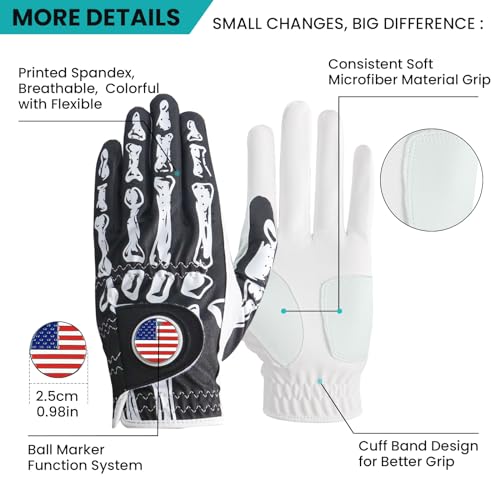 Golf Gloves Men Left Hand Right Hand 2 Pack Black & Bones Large Worn on Left