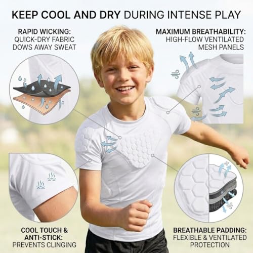 Youth Padded Compression Shirt Rib Protector for Football Baseball Kids White X-Large