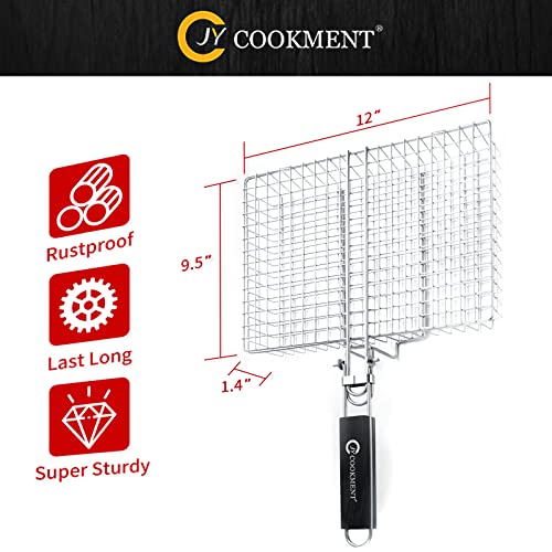 12-Inch Stainless Steel Grill Basket with Removable Wooden Handle - Portable BBQ Grilling Tool