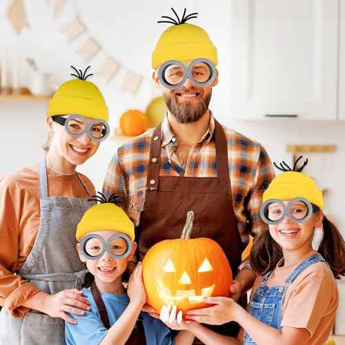 umbresen 3Pcs Halloween Yellow Costume Accessories, Goggles Glasses/Yellow Beanie/Gloves for Children Adults Men Women Cosplay Christmas Birthday Party School Show Set