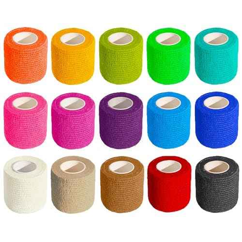 Self Adhesive Bandage Wrap 15Roll,Non-Woven Cohesive Bandage Tape,5CM x 5Yard Vet Wrap Tape for Wrist & Ankle Grip Cover,Elastic Athletic Tape-15color