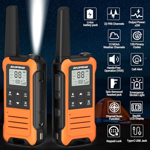 Walkie Talkies Long Range for Adults, Rechargeable Walkie Talkie Baofeng F22 FRS Radio Walky Talky Family Walkie-Talkie with 1400 mAh Battery USB Charger LED Flashlight VOX for Hiking Camping (2 Pack)
