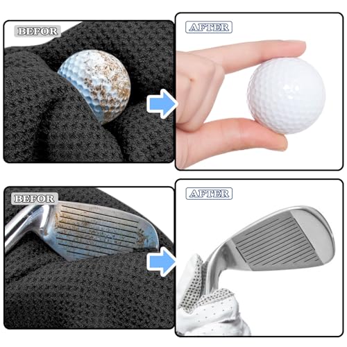 Golf Towel Set with Brush - Black & Gray 16x16 Inch Absorbent Microfiber