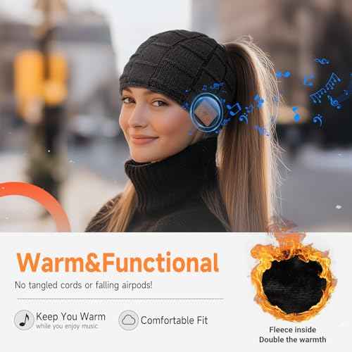 Bluetooth Beanie Hat, Women Rechargeable Headphone Beanie Cap, Windproof Winter Knit Cap, Crystal Clear Hands-Free Calling, Immersive Music Playback