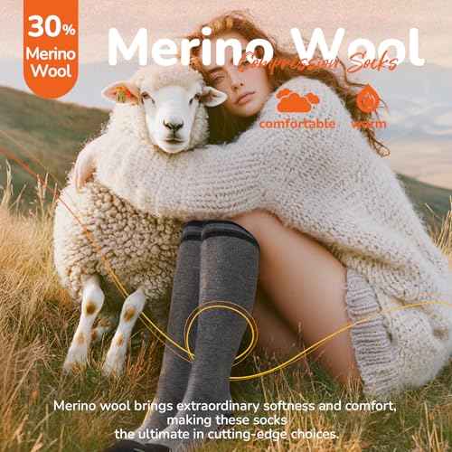 Merino Wool Compression Socks for Women Men (2/3 Pairs) Knee High Winter Thermal Thick Warm for Nurse Pregnant Travel