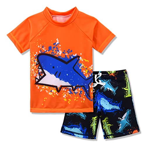 Kids Short Sleeve Dinosaur Rash Guard Swimwear Set - 5-6 Years Orange