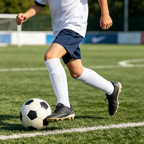 Kids Soccer Socks with Shin Guard Sleeves Set - Black and White, Anti-Slip Grip, Ages 7-14