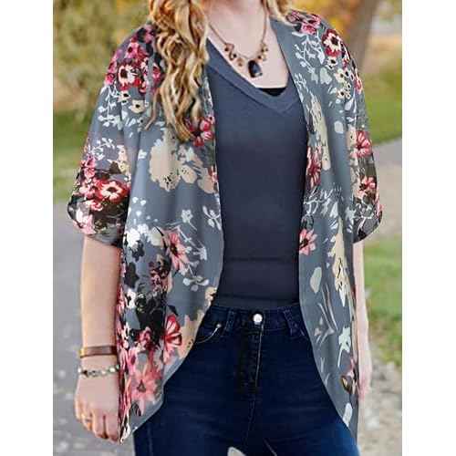 Women's Floral Print Puff Sleeve Kimono Cardigan Loose Cover Up Casual Blouse Tops