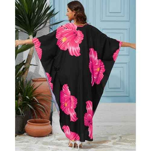 Bsubseach Moo Moos Kaftan Dresses for Women Floral Print Plus Size Swimsuit Coverup Caftan Maxi Beach Dress with Pockets