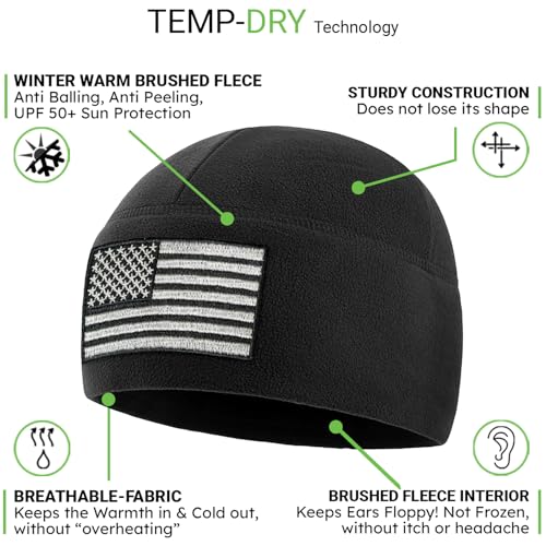 Temple Tape Tactical Beanie Hat - American Flag Fleece Winter Watch Cap - Military Hats for Men - Mens Army Beanies