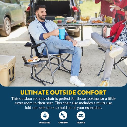 GCI Outdoor Freestyle Rocker XL with Side Table Camping Chair | Portable Folding Rocking Chair with Solid, Durable Armrests, Drink Holder & Comfortable Backrest ? Black