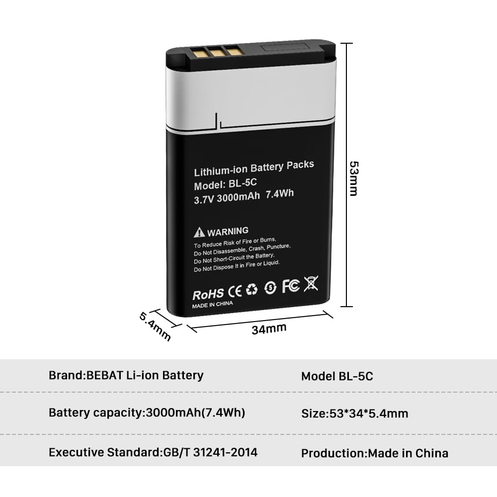 JDIRLDL 2 Pieces BL-5C Battery, 3000mAh New Upgraded 3.7V Li-ion Higher Capacity Battery Replacement for Household Radio, bt Speaker, Camera