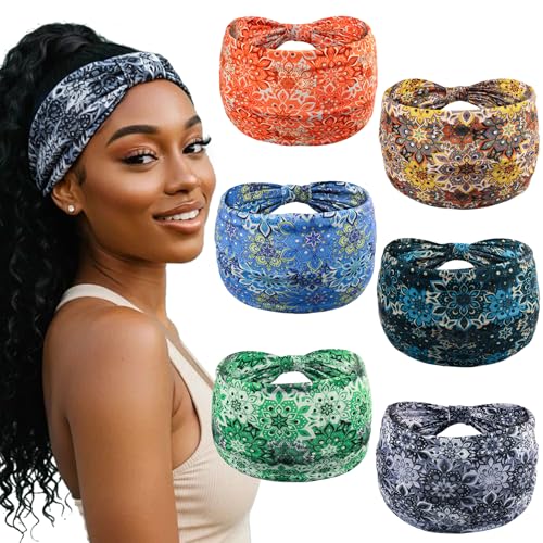 Wide Headbands for Women Non Slip Boho Elastic Yoga Workout Sweat Bands - Pack of 6 No17