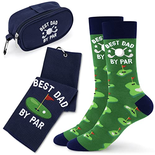 Father Golf Gift Set with Microfiber Waffle Towel, Ball Bag & Funny Socks - Navy Blue