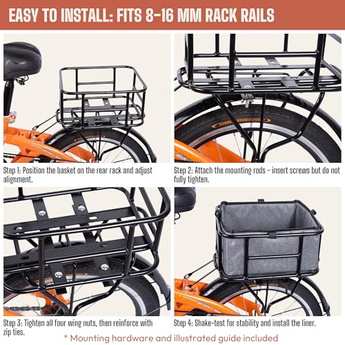 Small Steel Bike Rear Basket with Padded Liner & Net - Holds 60 lb