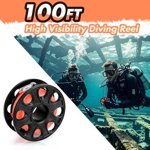 100FT Compact Scuba Diving Reel, Plastic Finger Spool Dive Reel with Stainless Steel Double-Ended Bolt Snap for Underwater Sports, Wreck Cave Diving, Snorkeling, Spearfishing (Black)