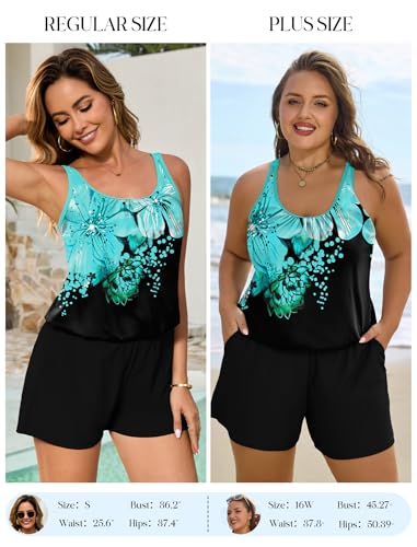 X-Large Plus Size Swim Romper for Women Blue Floral Full Coverage One Piece Bathing Suit with Shorts