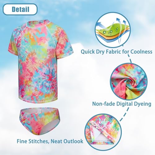 Girls Two Piece Rash Guard Swimsuit Set Short Sleeve Bathing Suit for Kids 8-10 Years Blossom Tie Dye