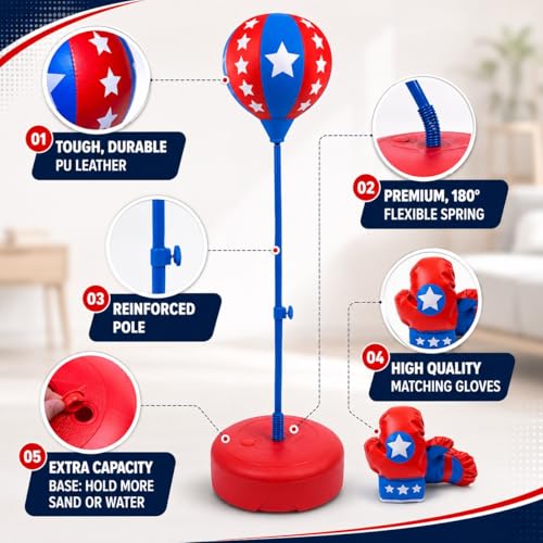Kids Punching Bag with Gloves - 4ft x 13in Height Adjustable Boxing Toy for Ages 3-8