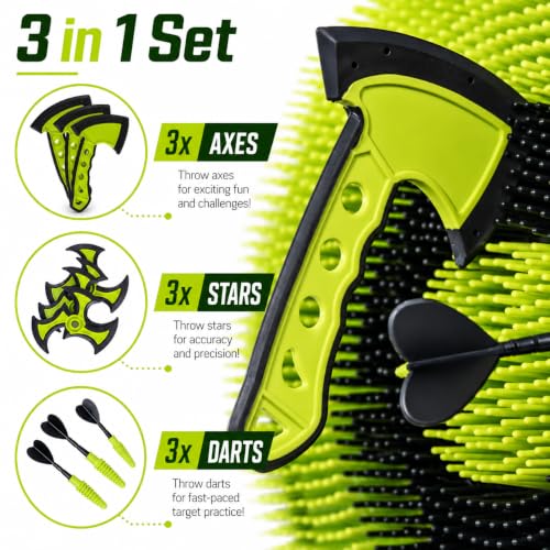 Leeray 3-in-1 Axe Throwing Game Set with 18-Inch Bristle Target and Stand - Black and Green