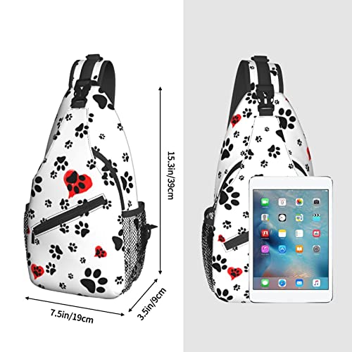 Dog Paws Print Crossbody Sling Bag for Men Women Black Lightweight Small Daypack