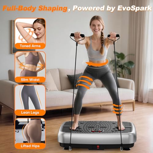 Grey Vibration Plate Exercise Machine with Dual Motor, Full Body Workout & Resistance Bands