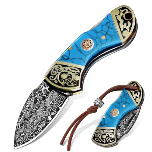 Damascus Pocket Knife for Gifting - Small Blue EDC Knife for Dad