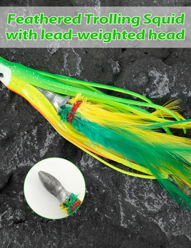Bluewing Tuna Feather Daisy Chain Fishing Lure with 4-Inch Feathered Squids - Yellow/Green