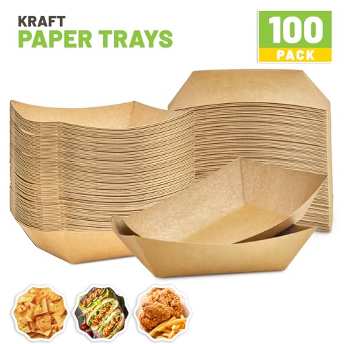 Disposable Paper Food Trays 100 Pack - 3 lb Kraft Snack Holders