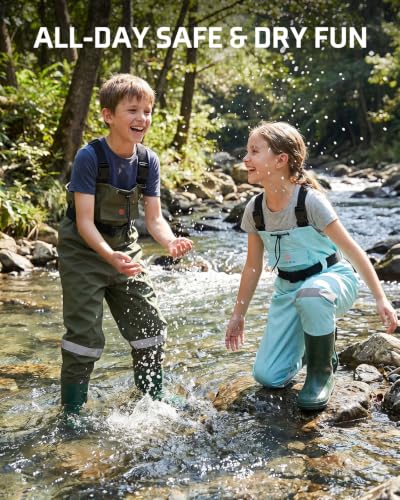 Kids Chest Waders with Boots - Youth Waterproof Fishing Waders for Boys, Green 8/9 Big Kid